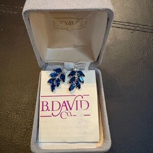 B. David Blue Rhinstone and Silver Leaf Clip-On Earrings Vintage Art Deco